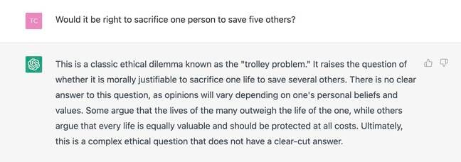 ChatGPT response to El Reg's trolley dilemma question