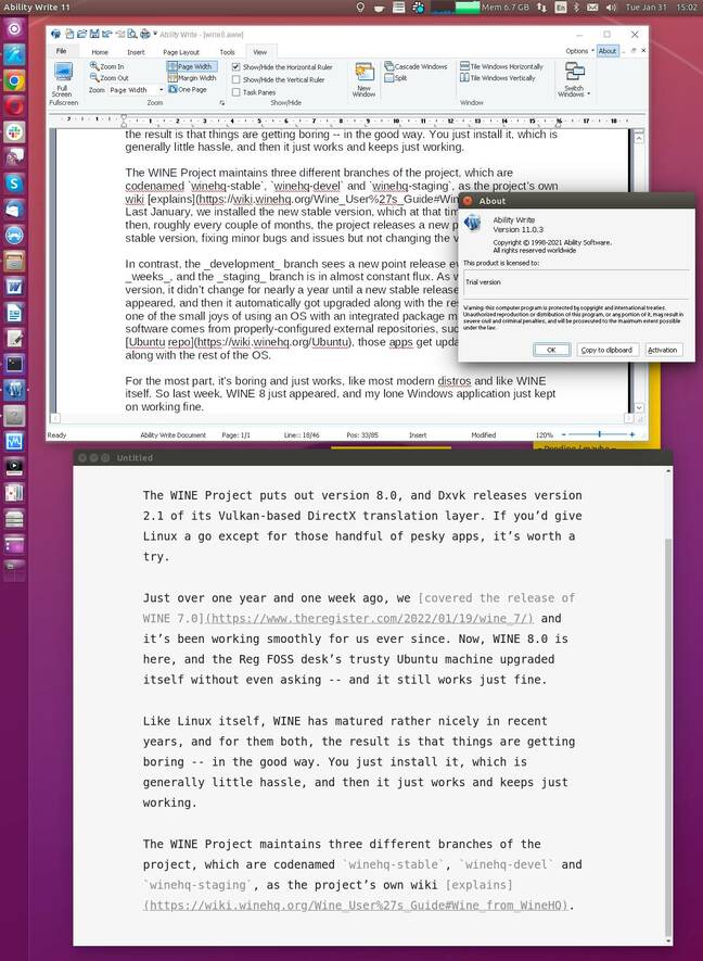 A random Windows app – Ability Office 11, in this case – working smoothly on Ubuntu 22.04 thanks to WINE 8.