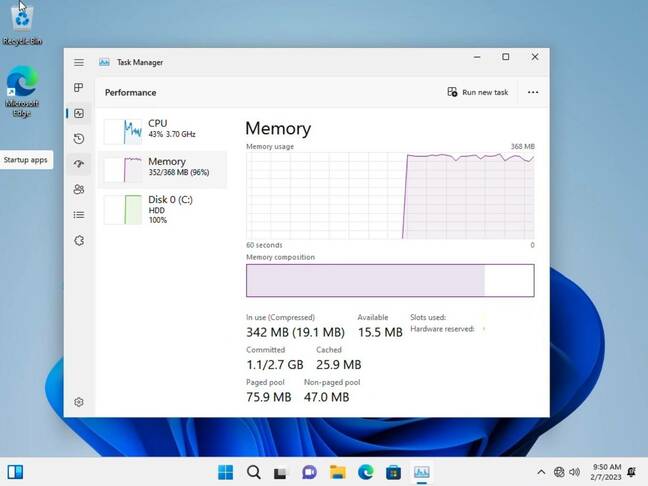 Windows 11 running on just 384MB of system memory