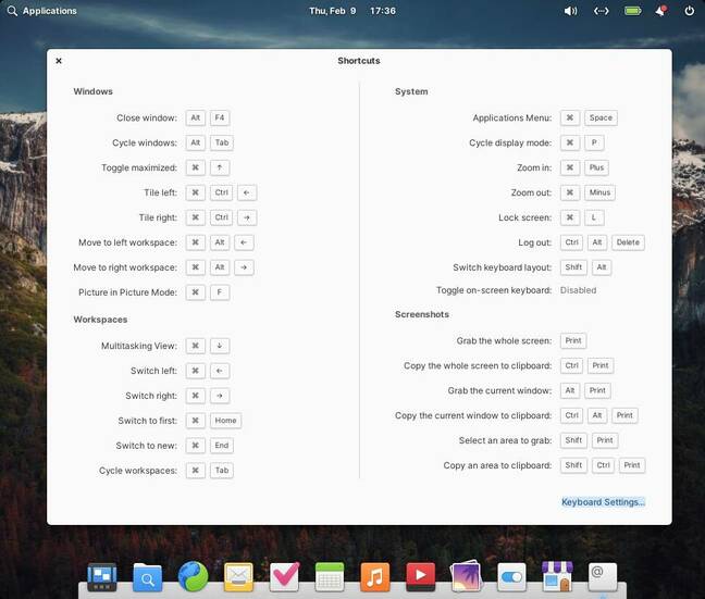 If you hit the Windows key and expect something to happen, Elementary shows you a helpful list of keyboard shortcuts