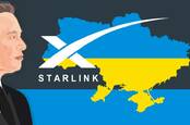 Illustration of Elon Musk standing next to Starlink logo superimposed over a map and flag of Ukraine