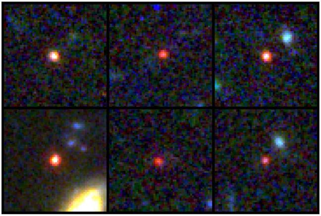 Légende : Images de six galaxies massives candidates, vues 500 à 800 millions d'années après le Big Bang.  L'une des sources (en bas à gauche) pourrait contenir autant d'étoiles que notre Voie Lactée actuelle, mais est 30 fois plus compacte.  Ces images sont un composite d'expositions séparées prises par le télescope spatial James Webb à l'aide de l'instrument NIRCam.  Plusieurs filtres ont été utilisés pour enregistrer des longueurs d'onde spécifiques dans le proche infrarouge.  L'image couleur résulte de l'attribution d'images prises à une longueur d'onde de 1,5 micron au bleu, 2,8 microns au vert et 4,4 microns au rouge.  Les images JWST proviennent du programme Early Release Science CEERS (JWST-ERS-1345) Crédits : NASA, ESA, CSA, I. Labbe (Swinburne University of Technology).  Traitement d'image : G. Brammer (Cosmic Dawn Center de l'Institut Niels Bohr à l'Université de Copenhague).
