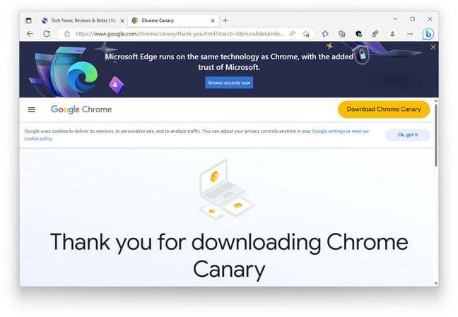 Screenshot of Edge injecting an anti-Chrome banner ad into Chrome download page