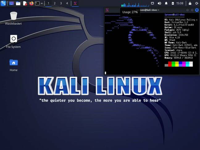 Kali Linux 2023.1's default Xfce desktop is neatly customized, though a bit flashier than more business-oriented distributions.