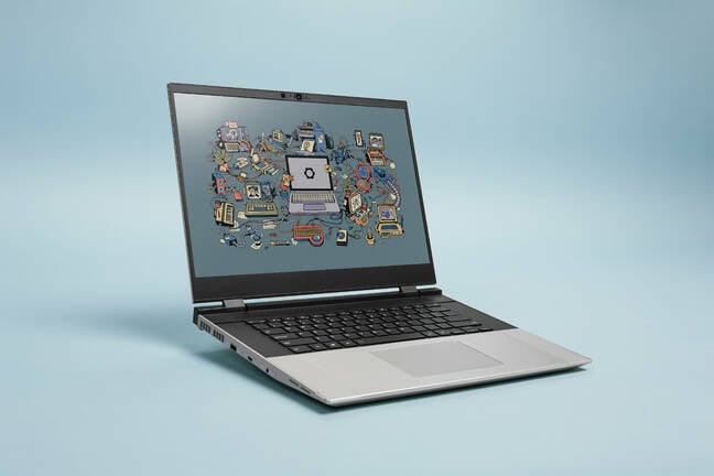 A render of the Framework 16 showing a centrally-located keyboard and trackpad.