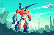 Illustration of a giant robot guarding over ruins of a city