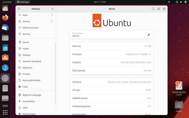 Ubuntu 23.04 with GNOME 44. Already quite usable on bare metal, but not so good in a VM.