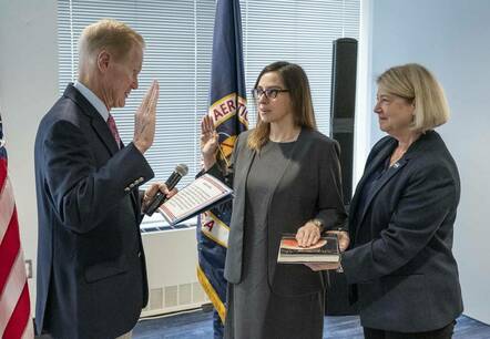 NASA Administrator Bill Nelson, left, swears in Dr. Makenzie Lystrup as director of Goddard Space Flight Center, as NASA Deputy Administrator Pam Melroy looks on Thursday, April 6, 2023, at the Mary W. Jackson NASA Headquarters building in Washington. Credits: NASA/Keegan Barber