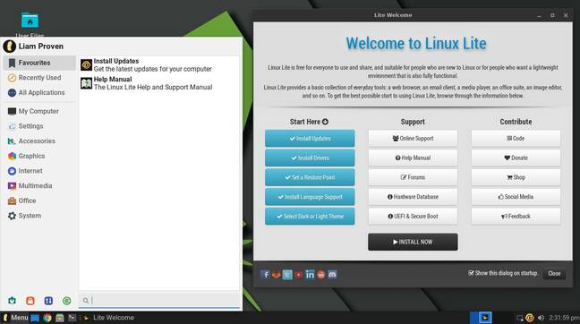 Linux Lite is a simple friendly distro, but we're baffled why the installed distro has a big bold INSTALL NOW button front-and-center on the Welcome screen Linux Lite is a simple friendly distro, but we're baffled why the installed distro has a big bold INSTALL NOW button front-and-center on the Welcome screen