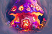 A warped image of a fairy tale mushroom house