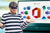 Cartoonish composition of a crook shrugging in front of the Microsoft Office icons