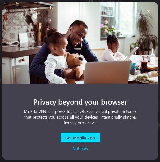 Screenshot of Mozilla Firefox's VPN ad popup