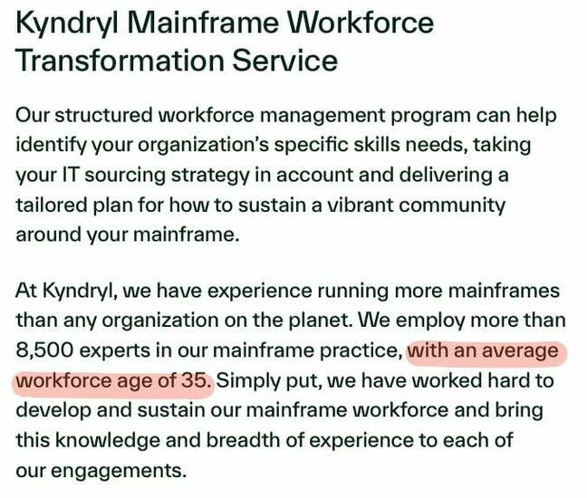 Kyndryl mainframe marketing material with age claim