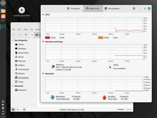 Флагманский рабочий стол Cinnamon в Mint 21.2 имеет неуклюжую вертикальную панель с двухстрочными часами и множеством апплетов, страдающих синдромом GNOME CSD, таких как системный монитор.