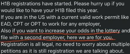 Screenshot of message about gaming the H-1B lottery