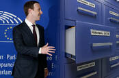 Composition of Facebook boss Mark Zuckerberg stretching out his hand in front of the EU flag, reaching toward drawers labeled Personal Data 