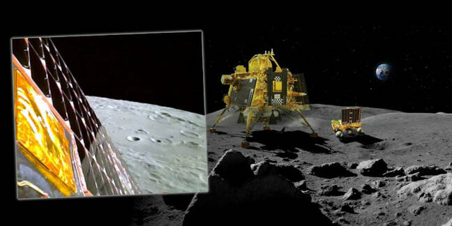 A composite image of Chandrayaan-3 landing on the Moon and an artist impression of the craft