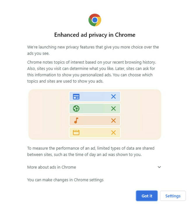 Скриншот всплывающего окна Chrome о конфиденциальности рекламы