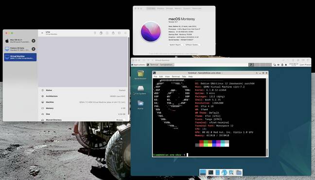 The Arm64 edition of Debian running on an Intel-based iMac is much easier to achieve with UTM than it is with unassisted QEMU.