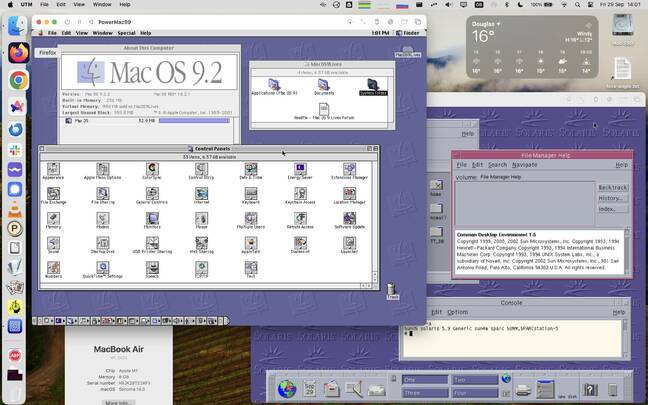 UTM running both classic MacOS and Solaris on an M1 MacBook Air under Sonoma.