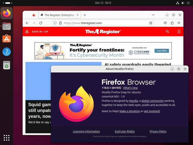 Firefox находится на рабочем столе №2, и верхний левый индикатор изменился, чтобы показать это, и добавилась новая точка, чтобы показать, что новый индикатор теперь доступен динамически.