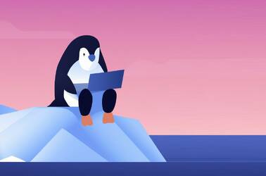 Penguin sitting on an iceberg using a laptop