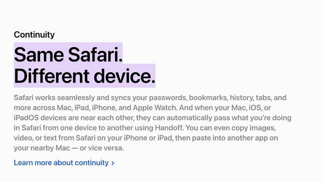 Screenshot of Apple's Safari website
