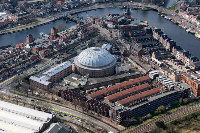 Aerial view of former prison Koepelgevangenis in Haarlem, Holland. The Koepel was a jail. The water is river Spaarne.