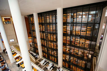 Interior of The British Library, The King's Library inside hall, London, UK