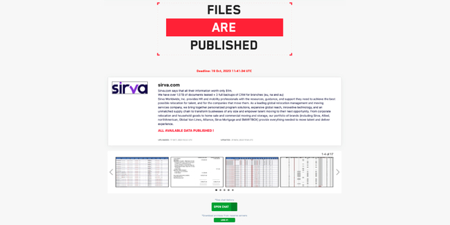 LockBit website showing Sirva as a victim, along with a description of the data it allegedly stole LockBit website showing Sirva as a victim, along with a description of the data it allegedly stole