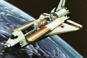 Space Shuttle in orbit with a cutaway Spacelab in the payload bay