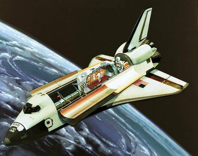 Space Shuttle in orbit with a cutaway Spacelab in the payload bay