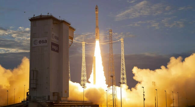 ESA’s Earth Explorer Aeolus satellite lifting off on a Vega rocket from Europe’s Spaceport in Kourou, French Guiana in 2018