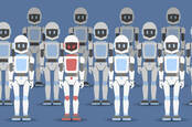 Illustration of a load of AI bots looking friendly with one looking malicious