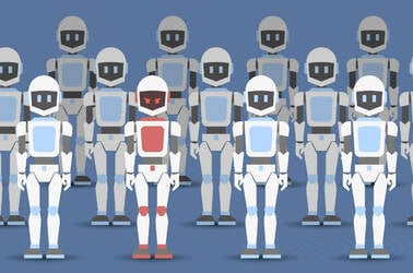 Illustration of a load of AI bots looking friendly with one looking malicious