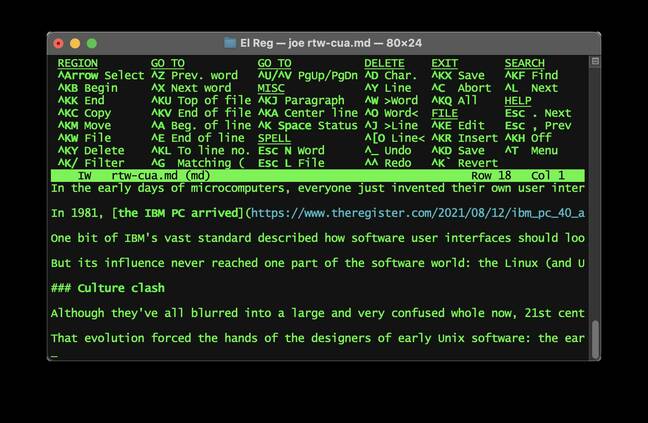 JOE, running on macOS 12, is a flashback to WordStar in the 1980s.