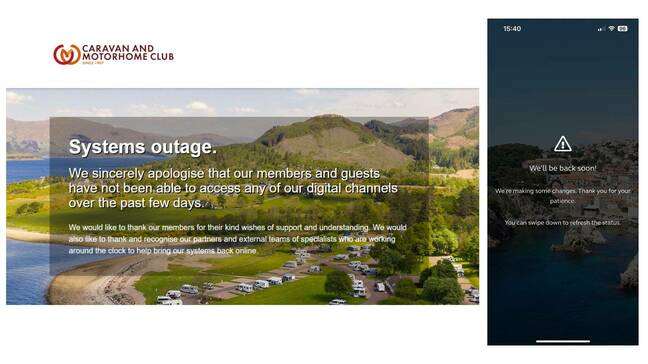 Screenshots of the website and mobile app of the Caravan and Motorhome Club, both displaying the different outage messages