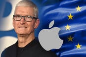 Composition of Tim Cook, Apple logo and the EU flag