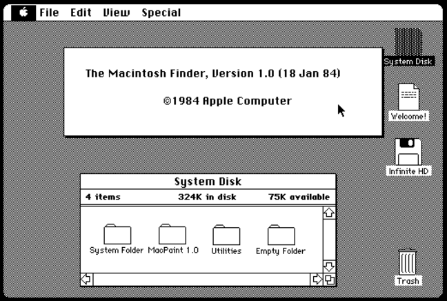 The Macintosh System, version 1.0. Already friendly, and still familiar.