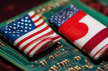 Semi-melted US and Japan flags on semiconductors