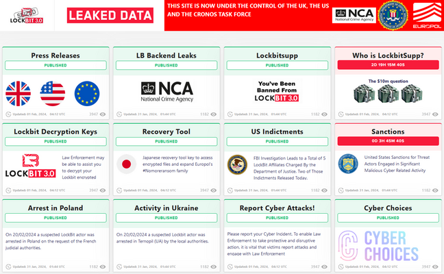 LockBit's leak blog defaced by the NCA after taking control in February 2024