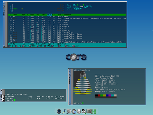 TinyCore 15 showing a few addons (Htop and Neofetch) and still using unbelievably little disk or memory space 