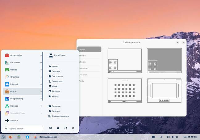 It's easy to change layouts with Zorin Appearance, here showing the four free layouts, with the classic Windows layout active.