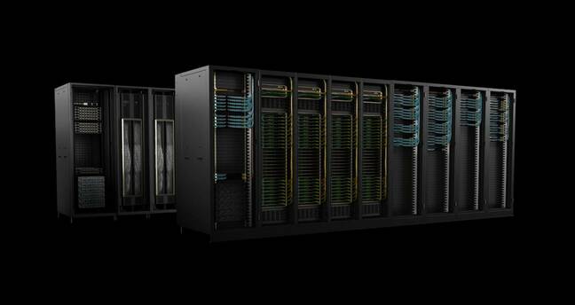 Eight DGX NVL72 racks can be strung together to form Nvidia's liquid cooled DGX GB200 Superpod