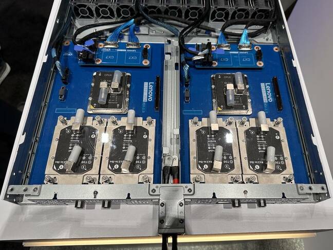 While the GB200 systems Nvidia had on display didn't have coldplates installed, this Lenovo prototype shows what it might look like in production