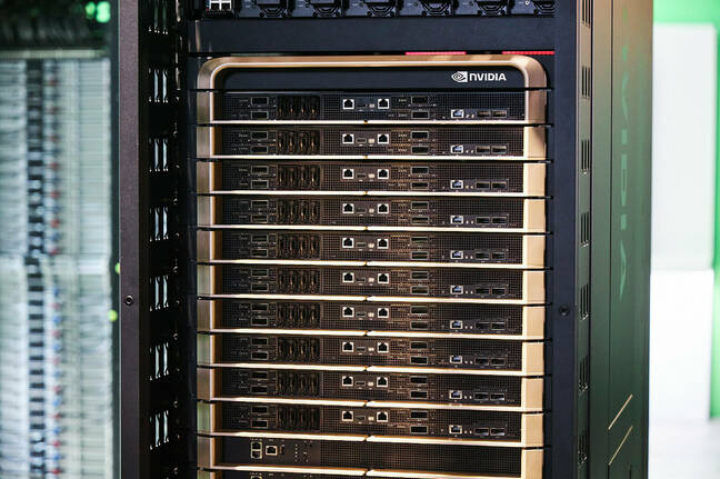 The NVL72's 18 compute nodes come as standard with four Connect-X InfiniBand NICs and a BlueField-3 DPU.