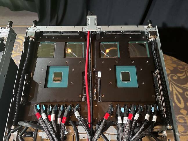 Here we see two GB200 Superchips, minus heatspreaders and cold plates in a 1U liquid cooled chassis