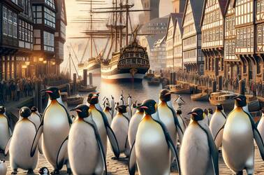 penguins enter the port of kiel in germany. kiel is the biggest city in Schleswig-Holstein