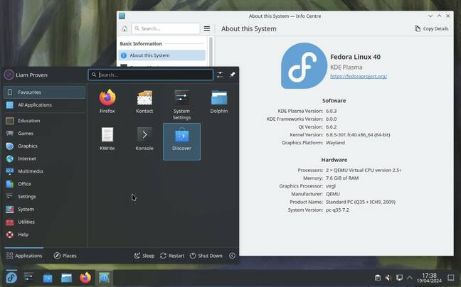 The KDE edition has the newest shiny to show off, with Plasma 6.0.3 and nothing but a Wayland session.