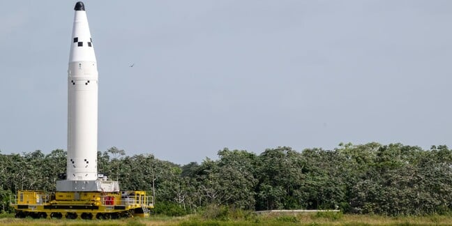 An Ariane 6 booster being transported to the launch pad. Image credit ESA/ArianeGroup/Arianespace/CNES